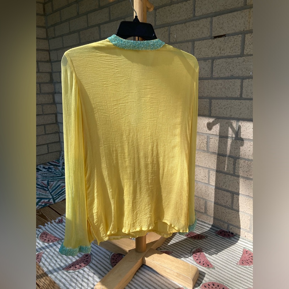 Jeannie Mcqueeny 100% Silk Yellow Blouse Blue Beaded Sunburst & Sleeve Detail - Picture 12 of 17